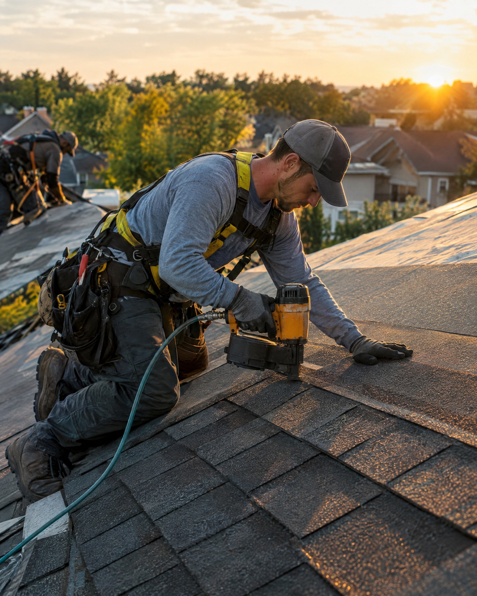 Roofing team installing shingles at golden hour
